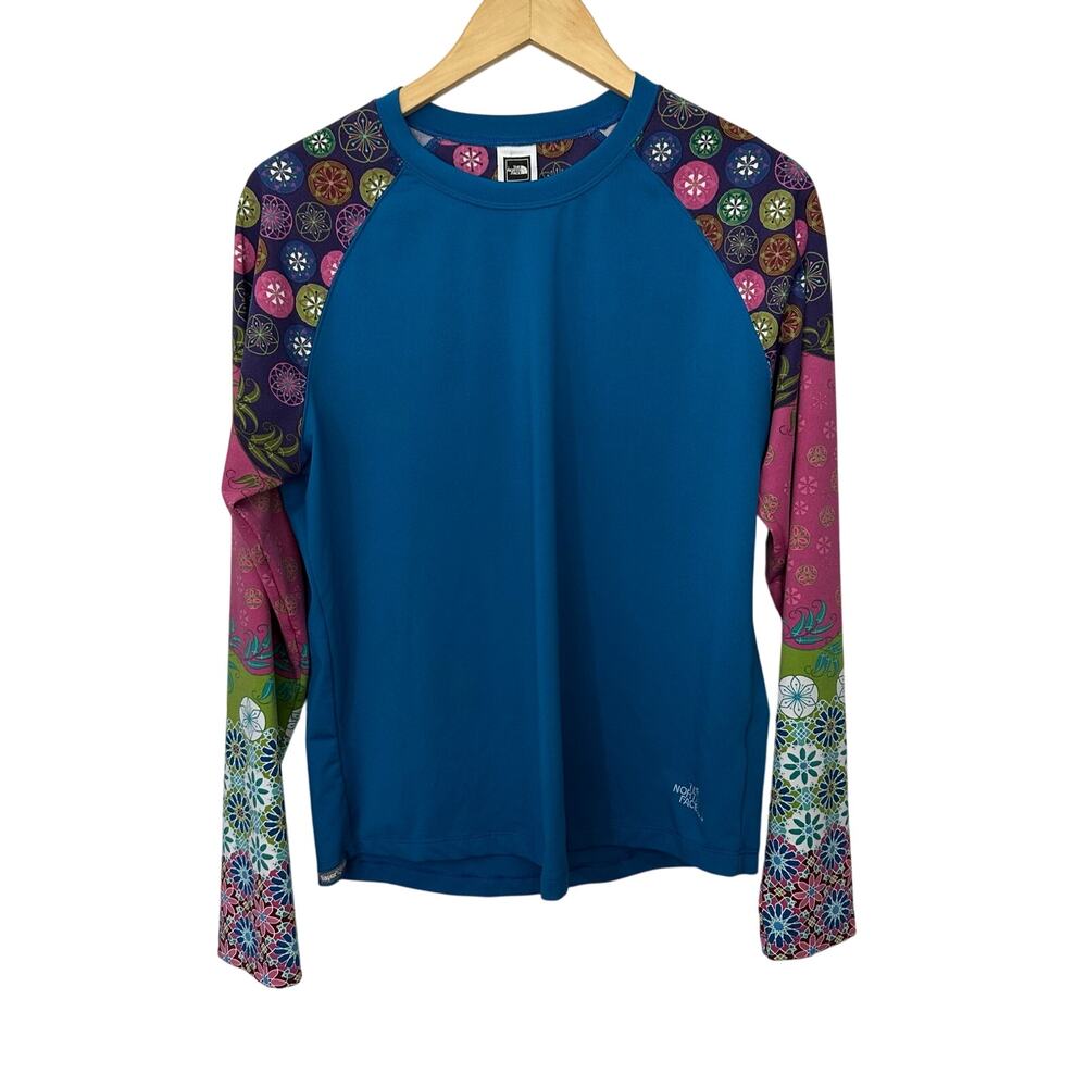 THE NORTH FACE Womens Blue Pink Green Print Raglan Sleeve Stretch Shirt XL Top